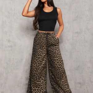 Casual Street Leopard Print Loose Straight Wide Leg Trousers , Palazzo Pants