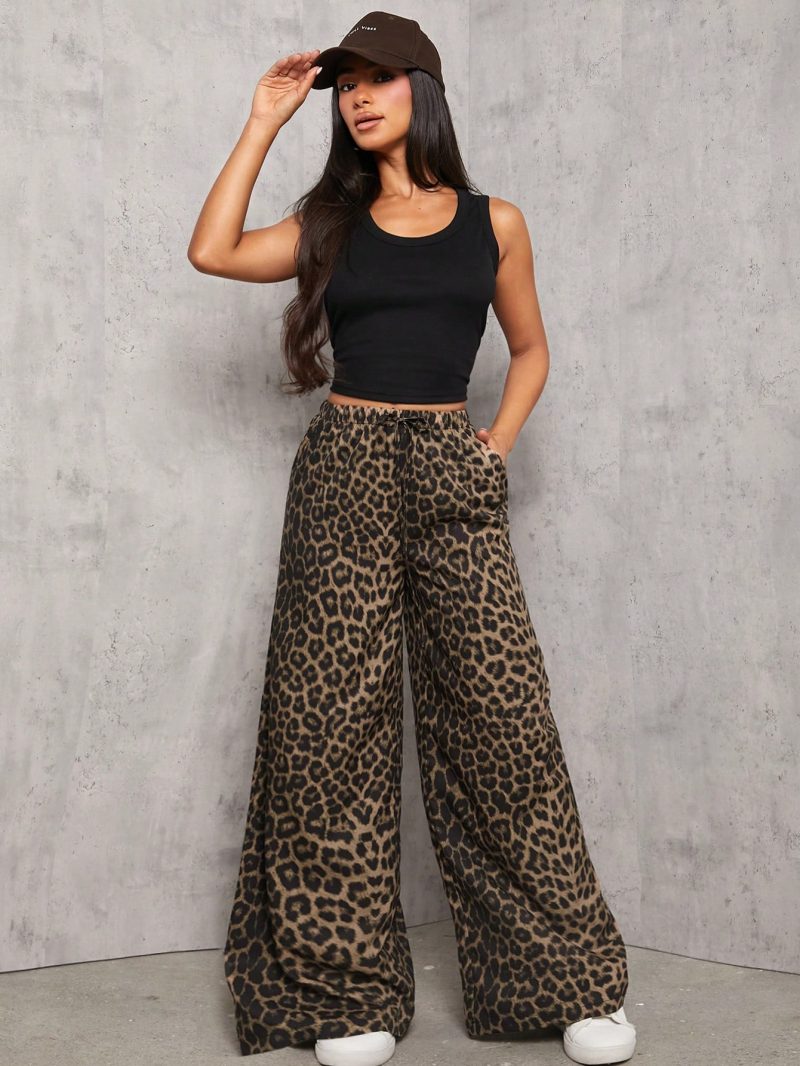 Casual Street Leopard Print Loose Straight Wide Leg Trousers , Palazzo Pants