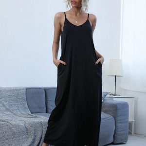Women's Solid Color Spaghetti Strap Pocket Simple Long Casual Dress