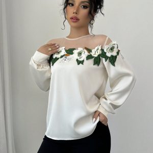 Women's Elegant Mesh Patchwork Embroidered Lace Long Sleeve Blouse