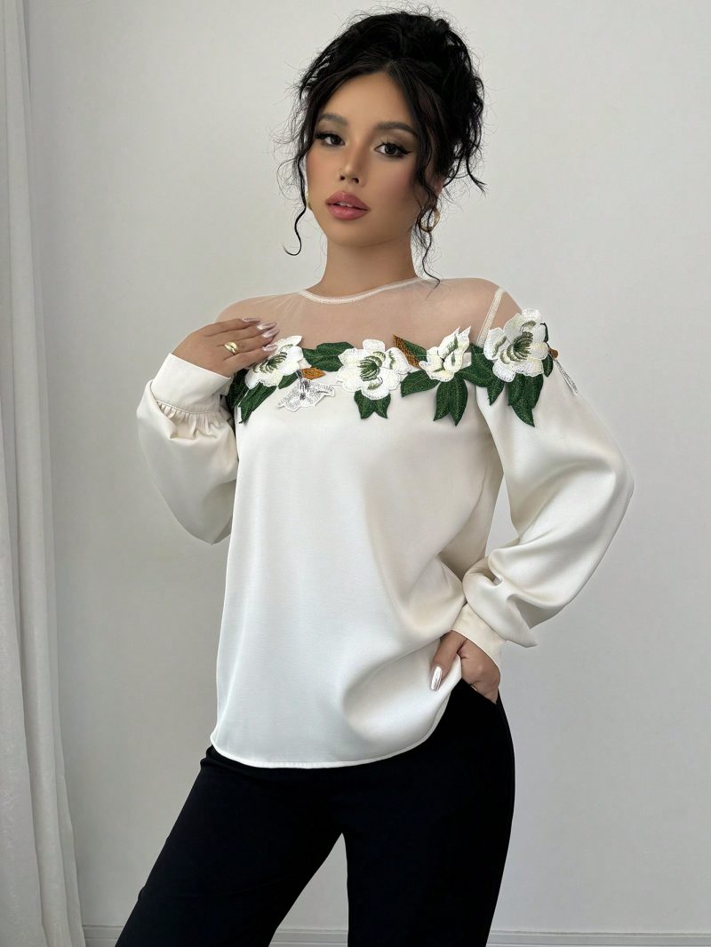 Women's Elegant Mesh Patchwork Embroidered Lace Long Sleeve Blouse