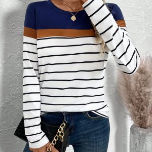 Women Crew Neck Contrast Striped Print Casual Long Sleeve T-Shirt