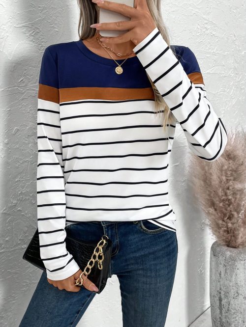 Women Crew Neck Contrast Striped Print Casual Long Sleeve T-Shirt