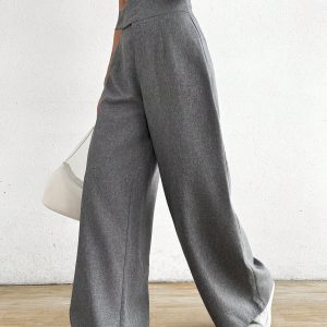 Unique Design Waist Decor Elegant Gray Wide Leg Pants, Comfortable & Versatile