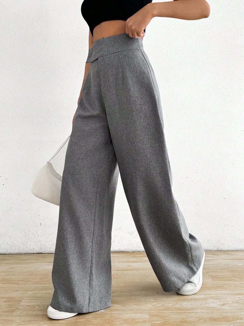 Unique Design Waist Decor Elegant Gray Wide Leg Pants, Comfortable & Versatile