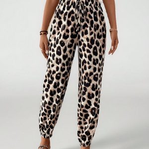 Women's Vintage Leopard Print Elastic Waistband Pants With Ruffled Cuffs For Summer Casual, Holiday