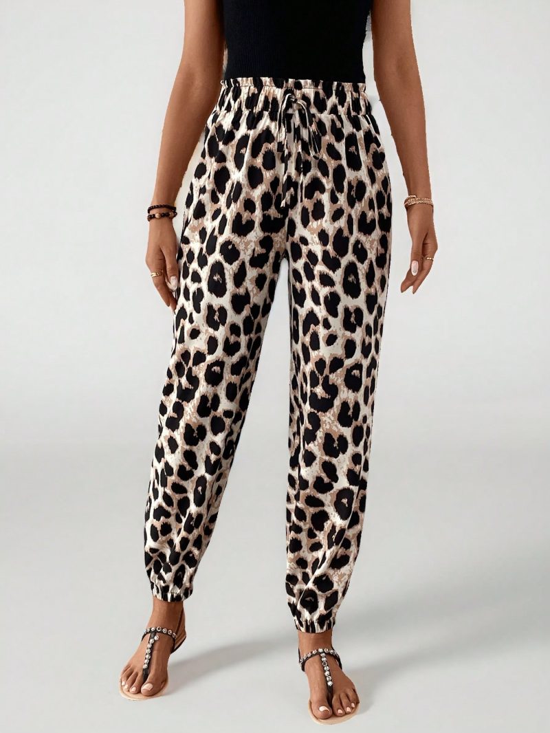 Women's Vintage Leopard Print Elastic Waistband Pants With Ruffled Cuffs For Summer Casual, Holiday