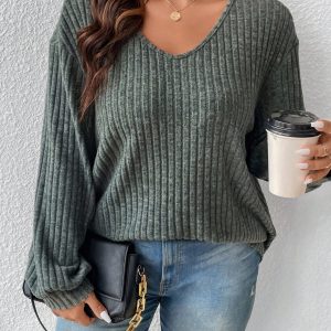 Plus Size Women Casual Solid Ribbed V-Neck Loose T-Shirt