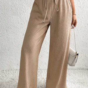 Women's Solid Color Tie Waist Casual Pleated Straight Leg Pants