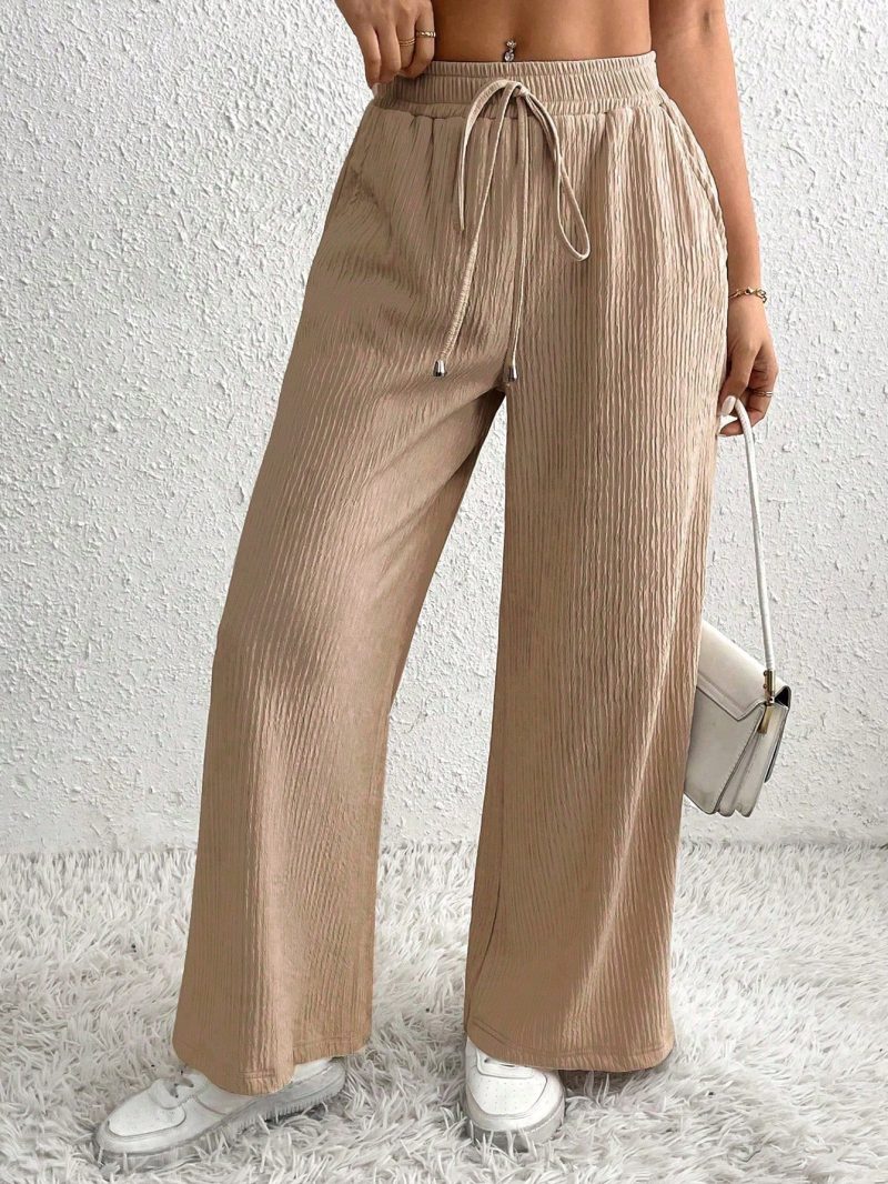 Women's Solid Color Tie Waist Casual Pleated Straight Leg Pants