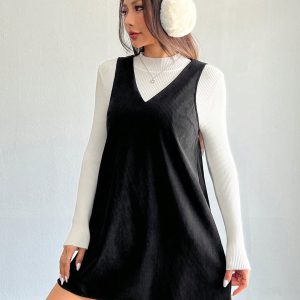 Solid V Neck Corduroy Dress Without Sweater Fall/Winter Dresses