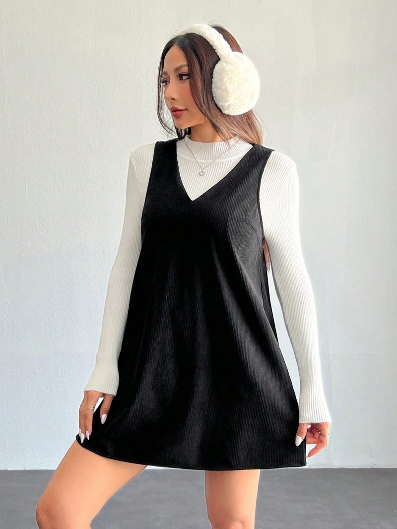 Solid V Neck Corduroy Dress Without Sweater Fall/Winter Dresses