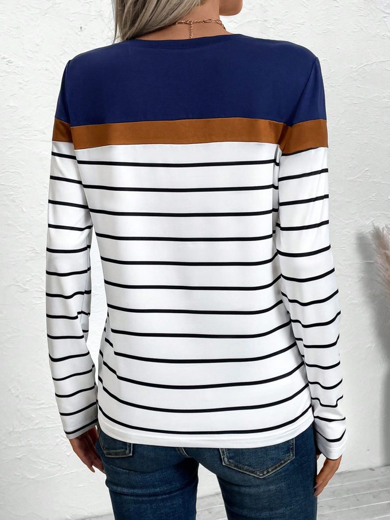 Women Crew Neck Contrast Striped Print Casual Long Sleeve T-Shirt