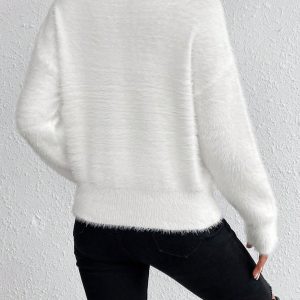 1pc Women Plain V-Neck Dolman Long Sleeve Fuzzy Sweater, Autumn/Winter
