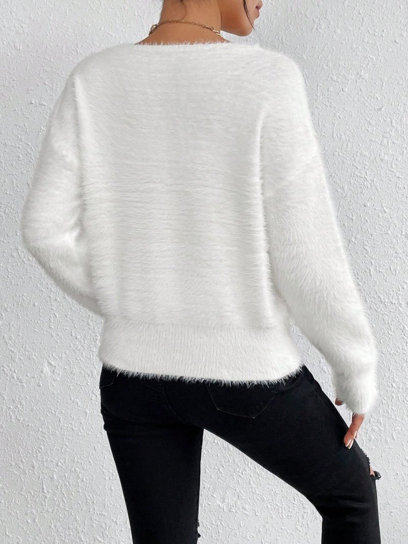 1pc Women Plain V-Neck Dolman Long Sleeve Fuzzy Sweater, Autumn/Winter