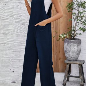Women's Solid Color Sleeveless Overalls With Double Shoulder Straps
