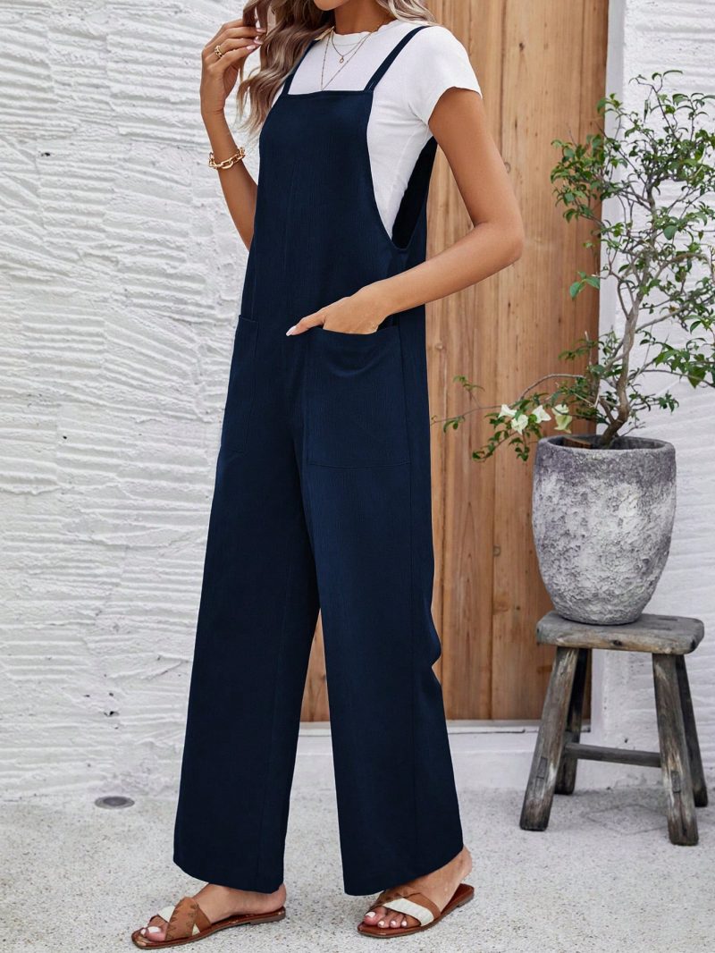 Women's Solid Color Sleeveless Overalls With Double Shoulder Straps